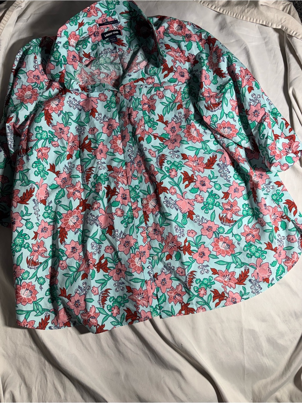 Lands' End Floral Button-Down Shirt in Mint and Pink